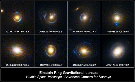 8 Examples of Einstein ring gravitational lenses taken with the Hubble Space Telescope.