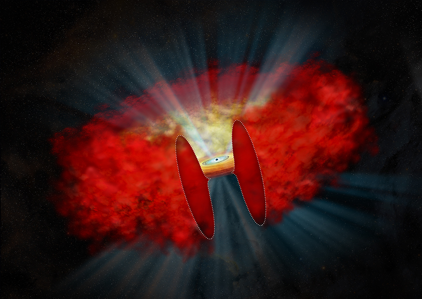 Illustrations depicting how these black holes are wrapped in cocoons of material.